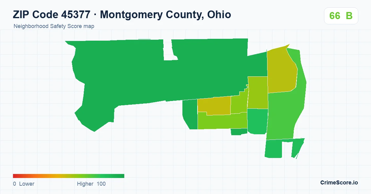 ZIP Code 45377 in Montgomery County, Ohio neighborhood Safety Score map