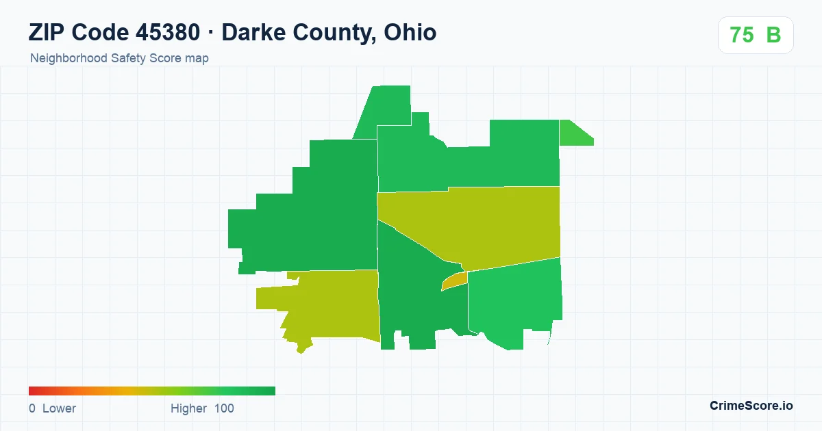 ZIP Code 45380 in Darke County, Ohio neighborhood Safety Score map