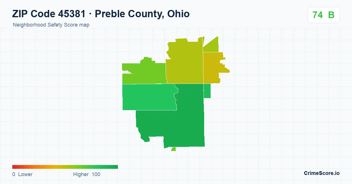 ZIP Code 45381 in Preble County, Ohio neighborhood Safety Score map