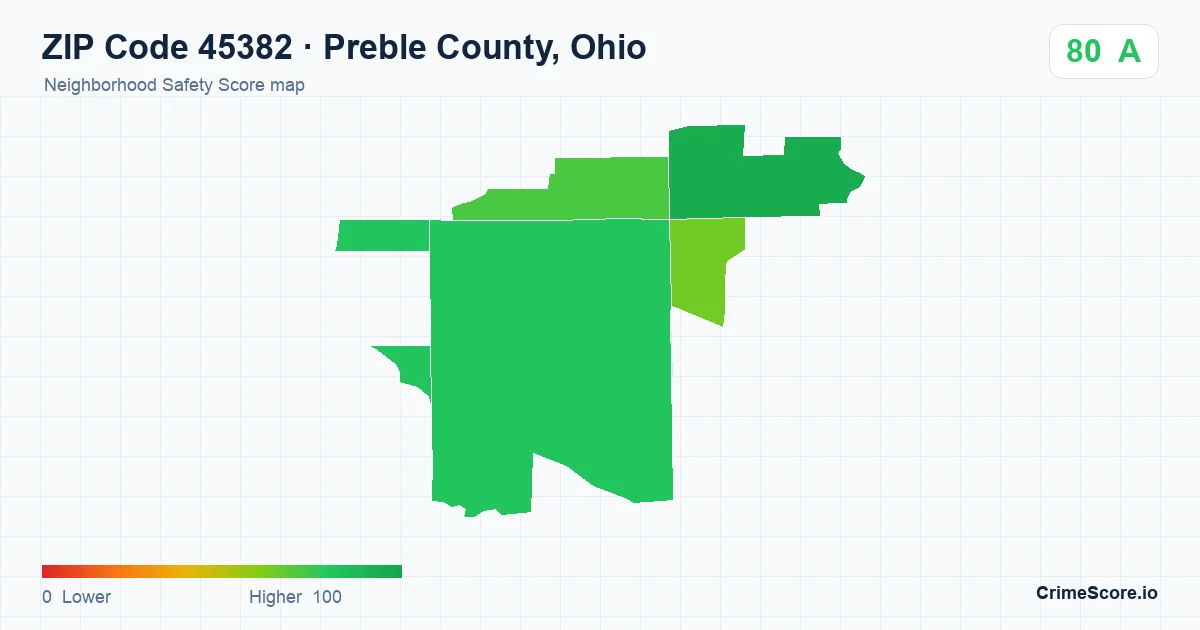 ZIP Code 45382 in Preble County, Ohio neighborhood Safety Score map