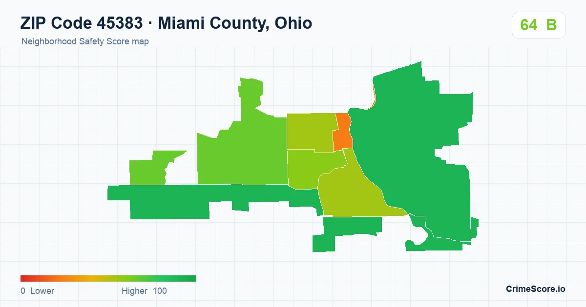 ZIP Code 45383 in Miami County, Ohio neighborhood Safety Score map