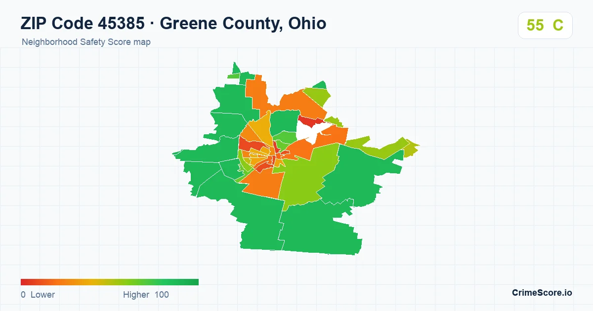 ZIP Code 45385 in Greene County, Ohio neighborhood Safety Score map