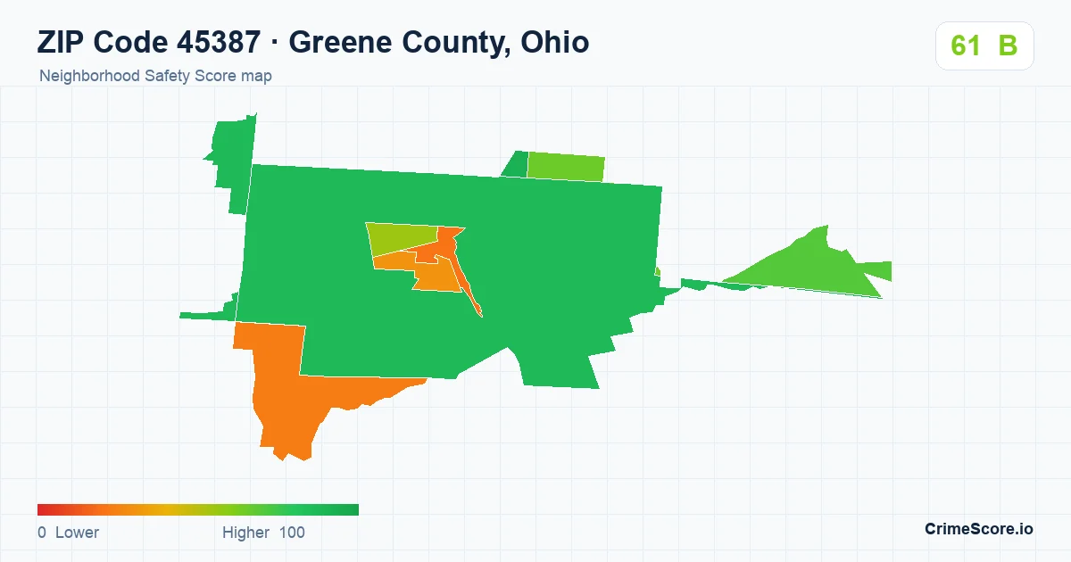 ZIP Code 45387 in Greene County, Ohio neighborhood Safety Score map
