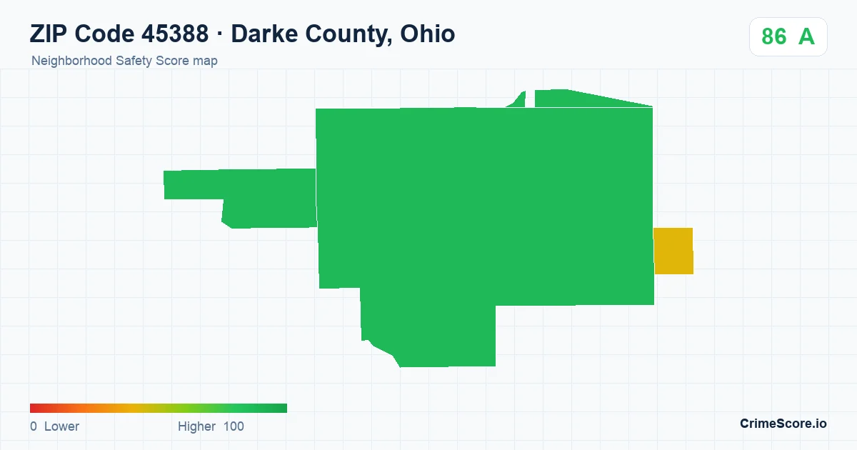 ZIP Code 45388 in Darke County, Ohio neighborhood Safety Score map