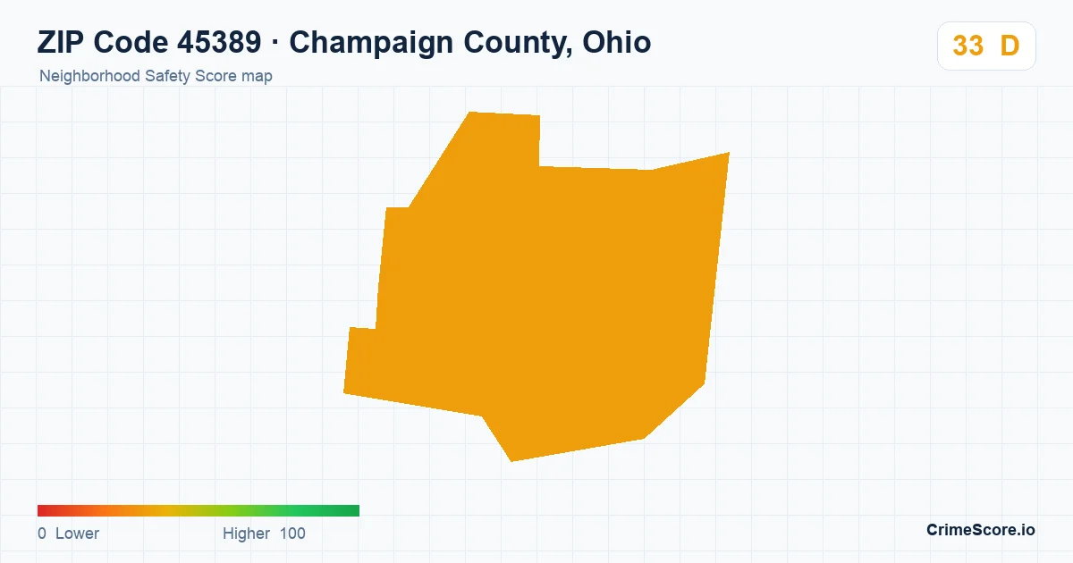 ZIP Code 45389 in Champaign County, Ohio neighborhood Safety Score map