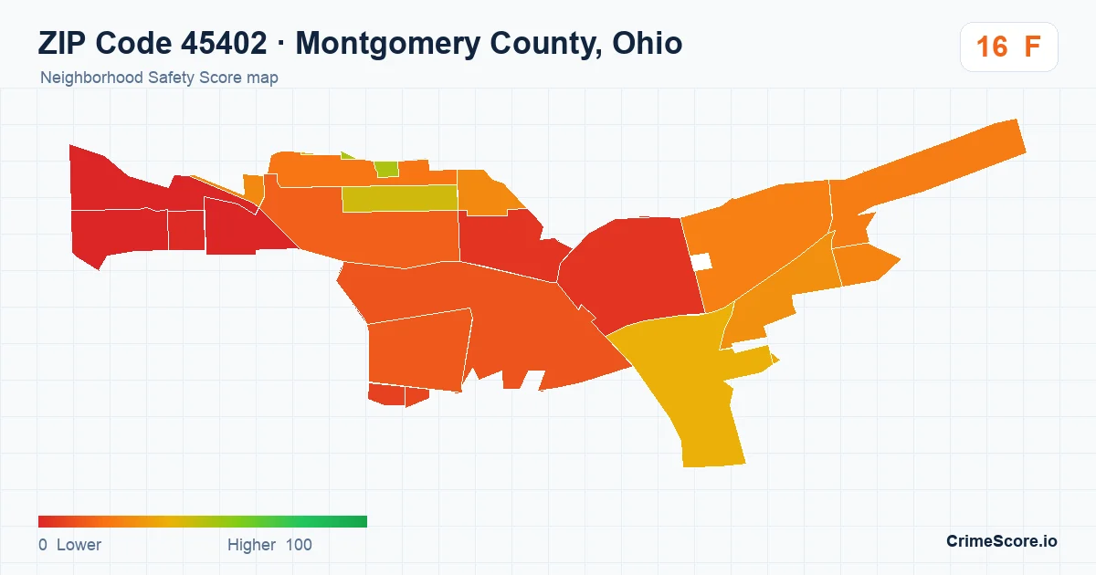 ZIP Code 45402 in Montgomery County, Ohio neighborhood Safety Score map