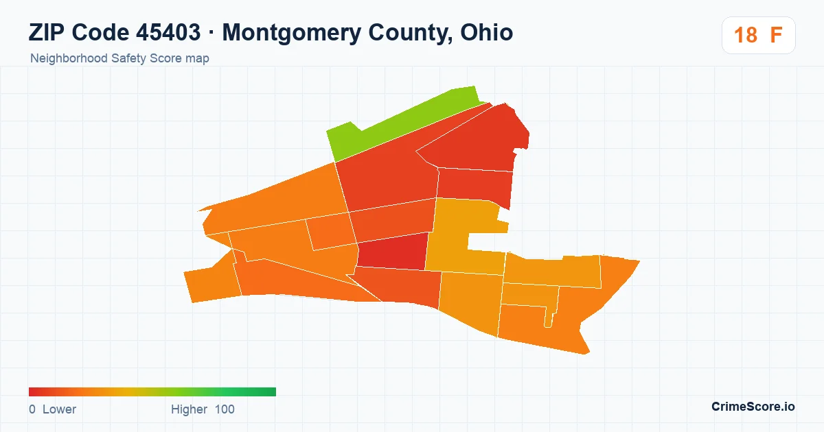 ZIP Code 45403 in Montgomery County, Ohio neighborhood Safety Score map