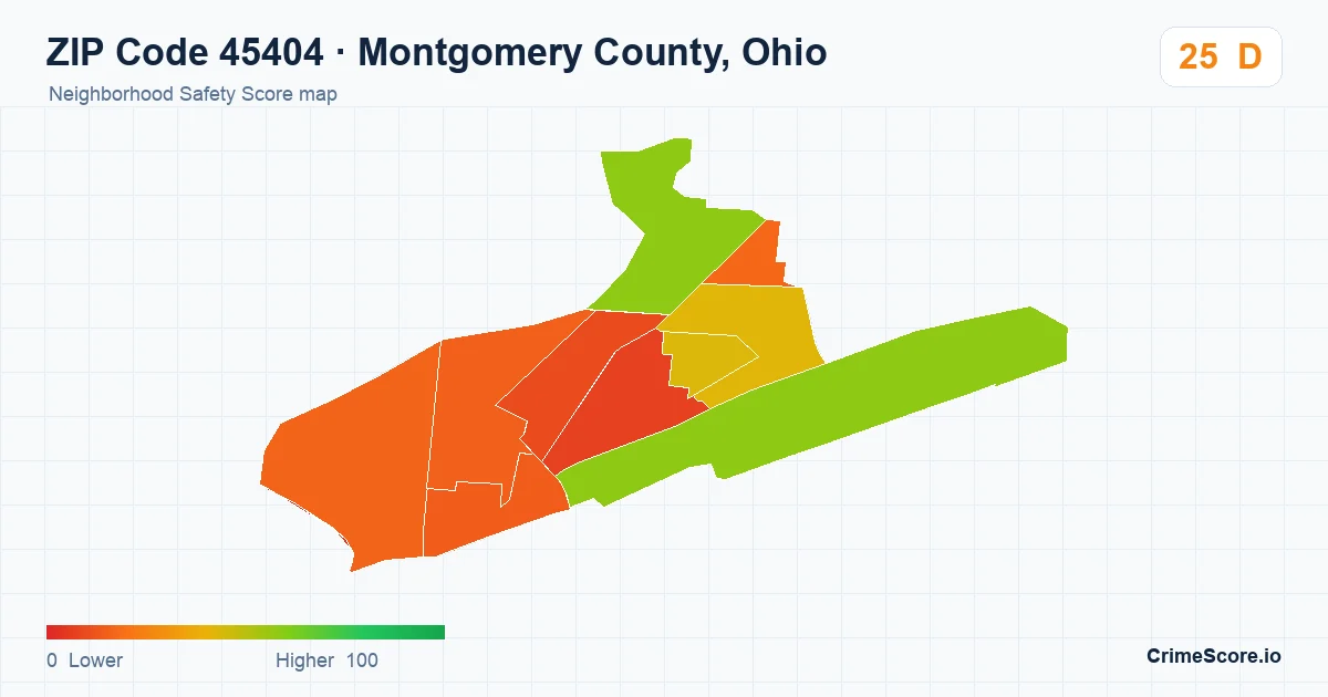ZIP Code 45404 in Montgomery County, Ohio neighborhood Safety Score map
