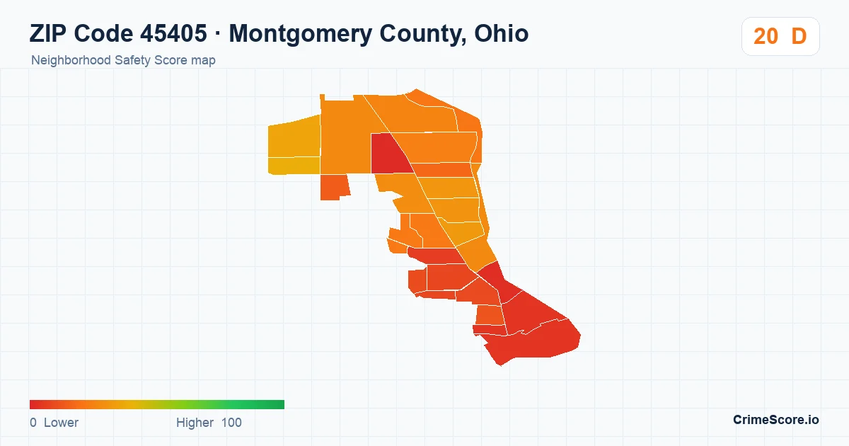 ZIP Code 45405 in Montgomery County, Ohio neighborhood Safety Score map