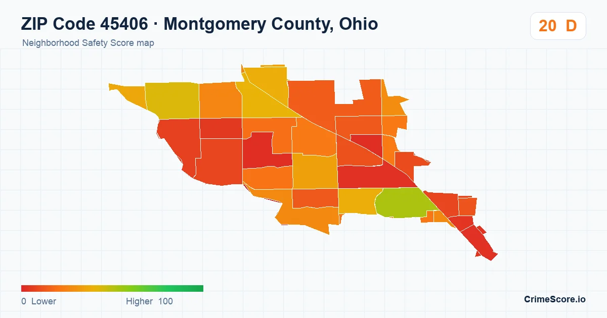 ZIP Code 45406 in Montgomery County, Ohio neighborhood Safety Score map