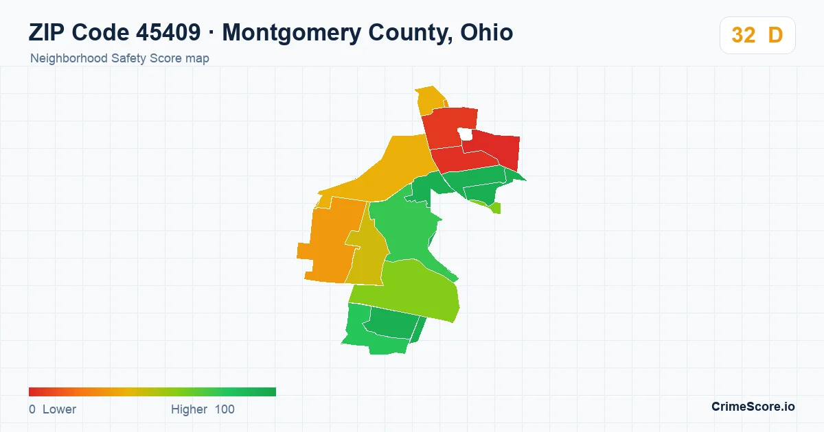 ZIP Code 45409 in Montgomery County, Ohio neighborhood Safety Score map