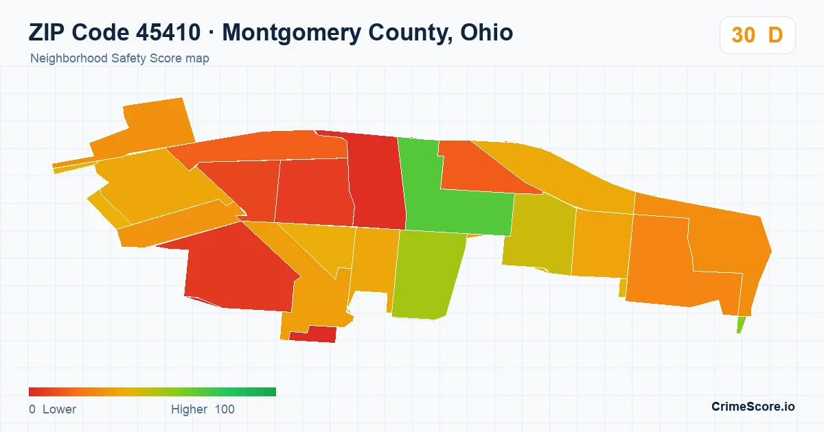 ZIP Code 45410 in Montgomery County, Ohio neighborhood Safety Score map