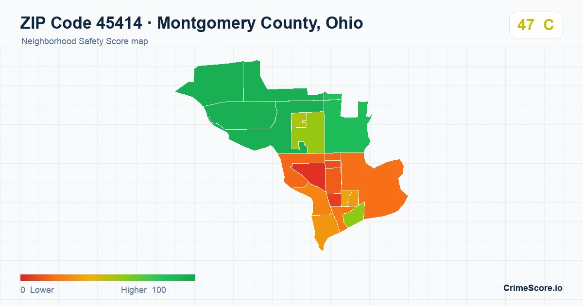ZIP Code 45414 in Montgomery County, Ohio neighborhood Safety Score map