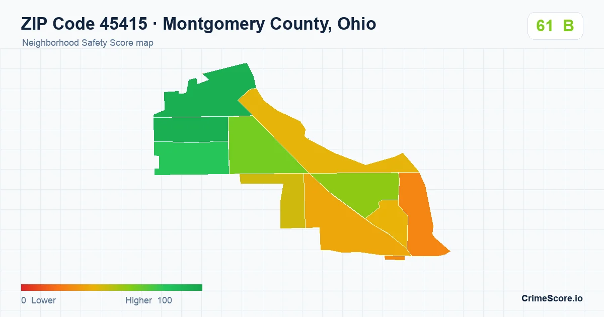 ZIP Code 45415 in Montgomery County, Ohio neighborhood Safety Score map