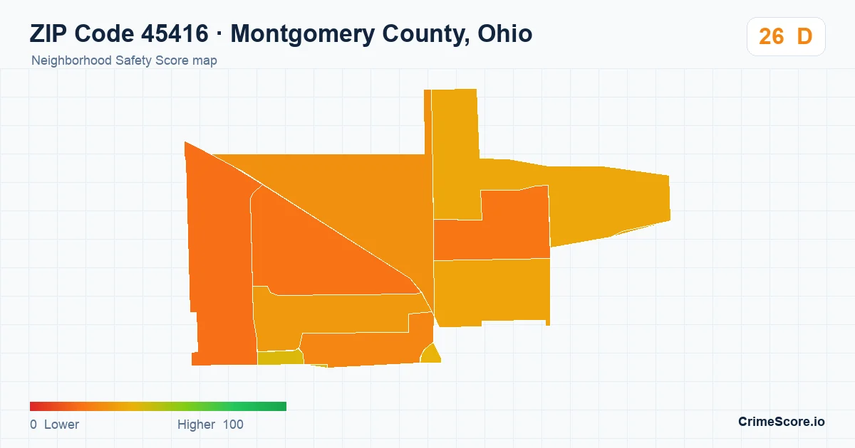 ZIP Code 45416 in Montgomery County, Ohio neighborhood Safety Score map