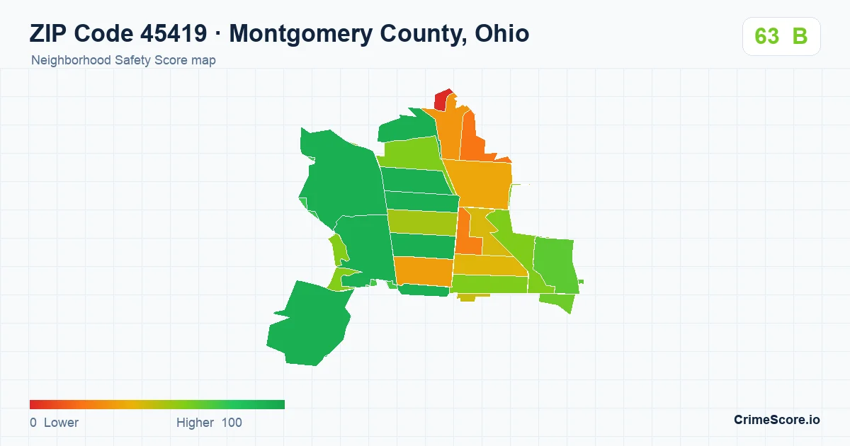 ZIP Code 45419 in Montgomery County, Ohio neighborhood Safety Score map