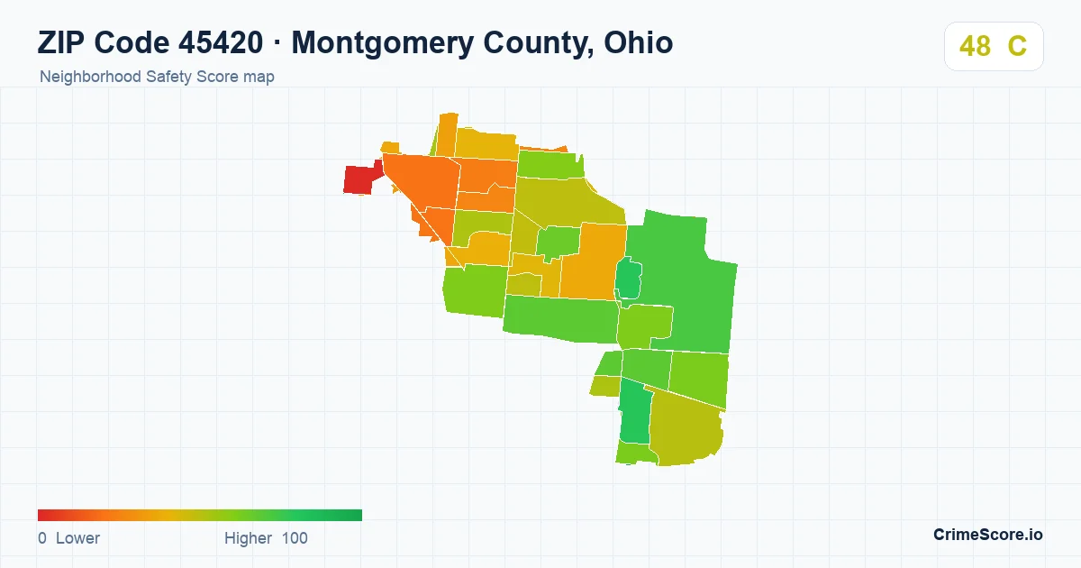 ZIP Code 45420 in Montgomery County, Ohio neighborhood Safety Score map