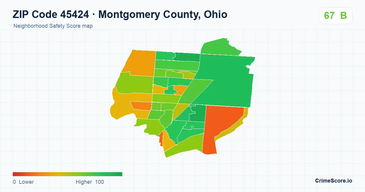 ZIP Code 45424 in Montgomery County, Ohio neighborhood Safety Score map