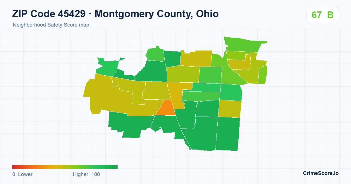 ZIP Code 45429 in Montgomery County, Ohio neighborhood Safety Score map