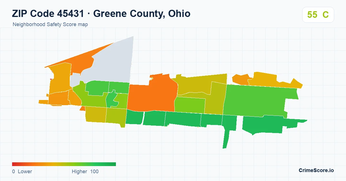 ZIP Code 45431 in Greene County, Ohio neighborhood Safety Score map