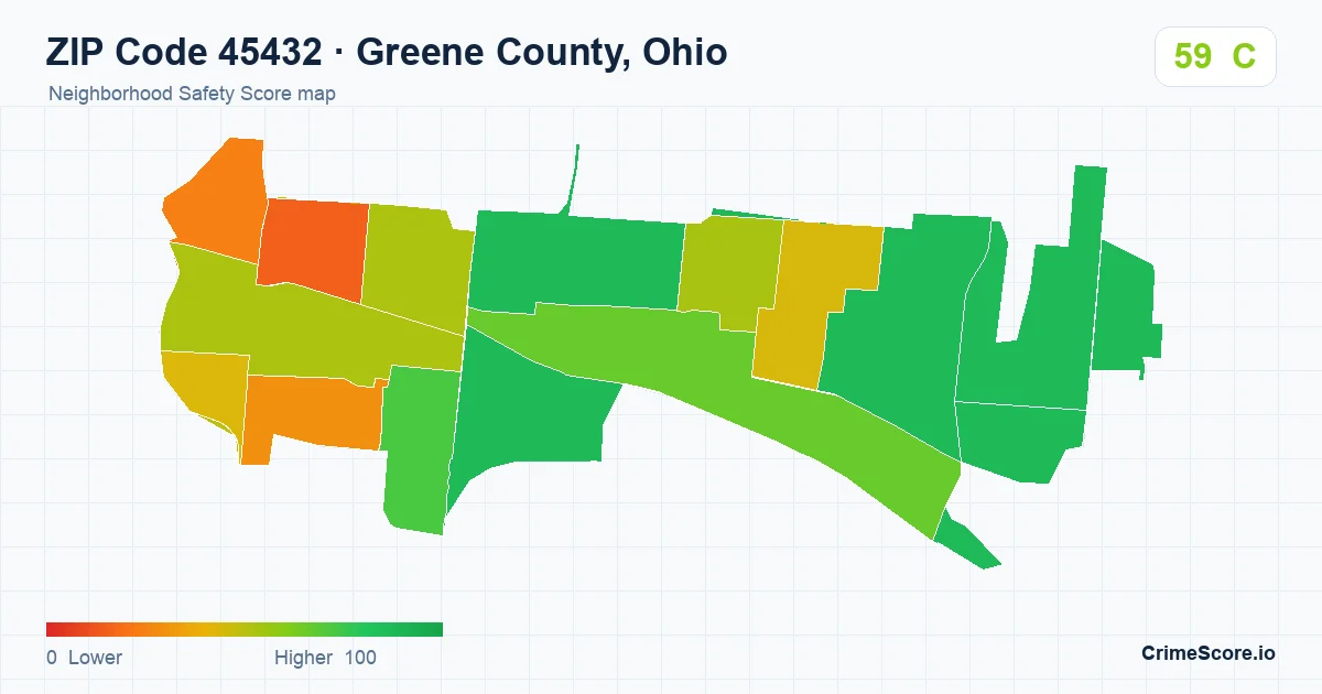 ZIP Code 45432 in Greene County, Ohio neighborhood Safety Score map