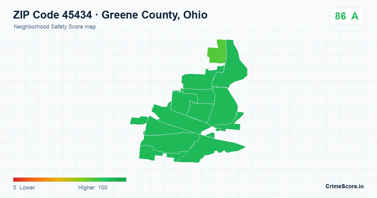 ZIP Code 45434 in Greene County, Ohio neighborhood Safety Score map