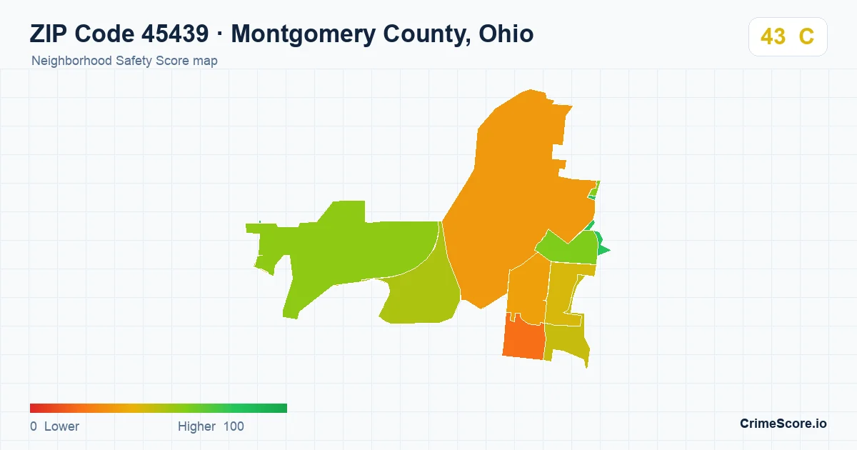 ZIP Code 45439 in Montgomery County, Ohio neighborhood Safety Score map