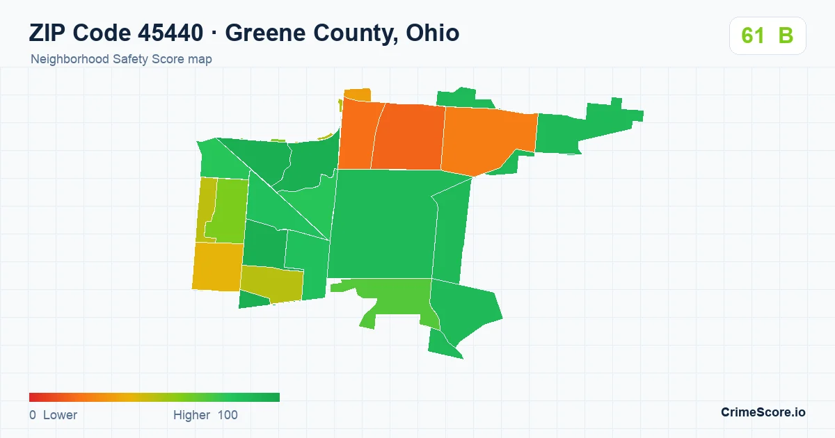 ZIP Code 45440 in Greene County, Ohio neighborhood Safety Score map