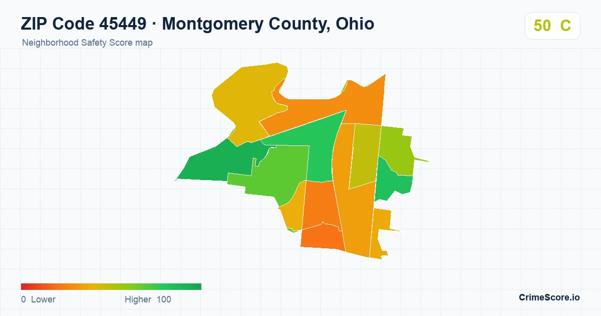 ZIP Code 45449 in Montgomery County, Ohio neighborhood Safety Score map