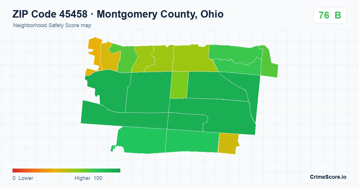 ZIP Code 45458 in Montgomery County, Ohio neighborhood Safety Score map