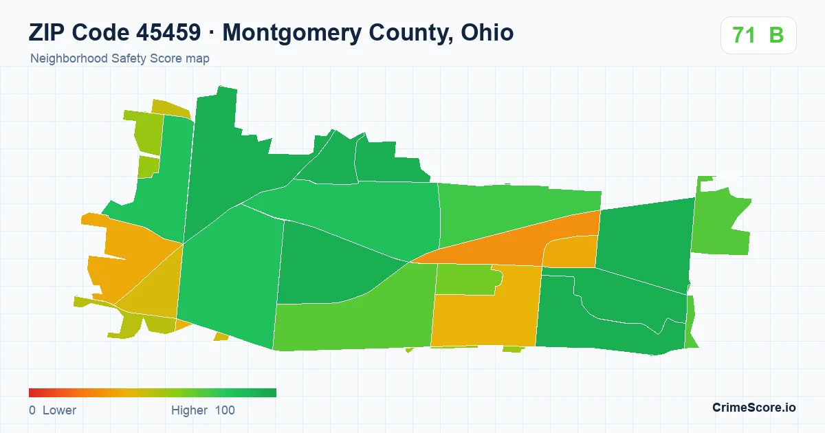 ZIP Code 45459 in Montgomery County, Ohio neighborhood Safety Score map
