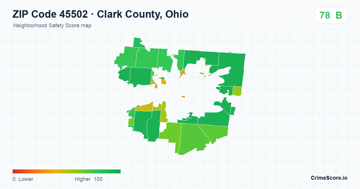 ZIP Code 45502 in Clark County, Ohio neighborhood Safety Score map