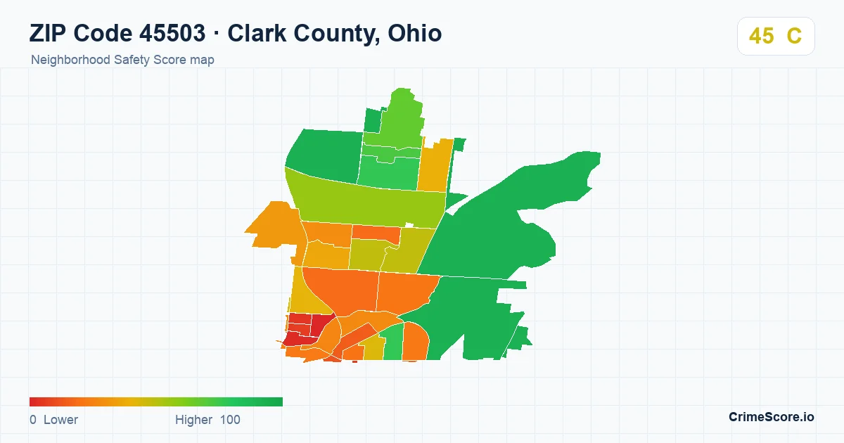 ZIP Code 45503 in Clark County, Ohio neighborhood Safety Score map