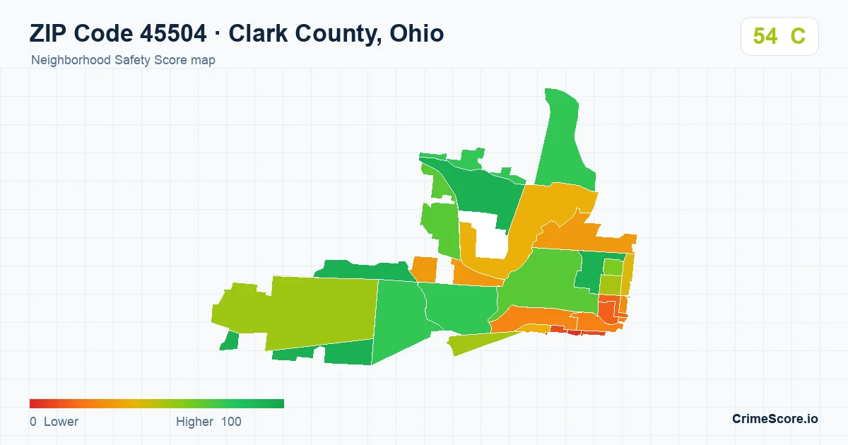 ZIP Code 45504 in Clark County, Ohio neighborhood Safety Score map