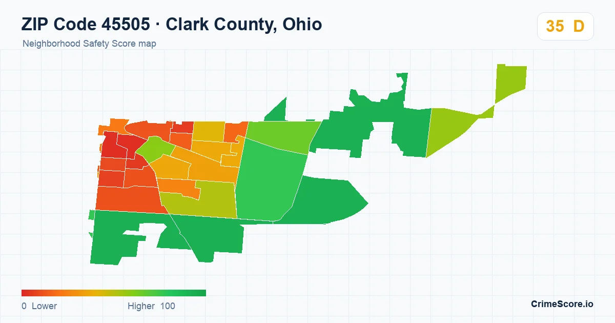 ZIP Code 45505 in Clark County, Ohio neighborhood Safety Score map
