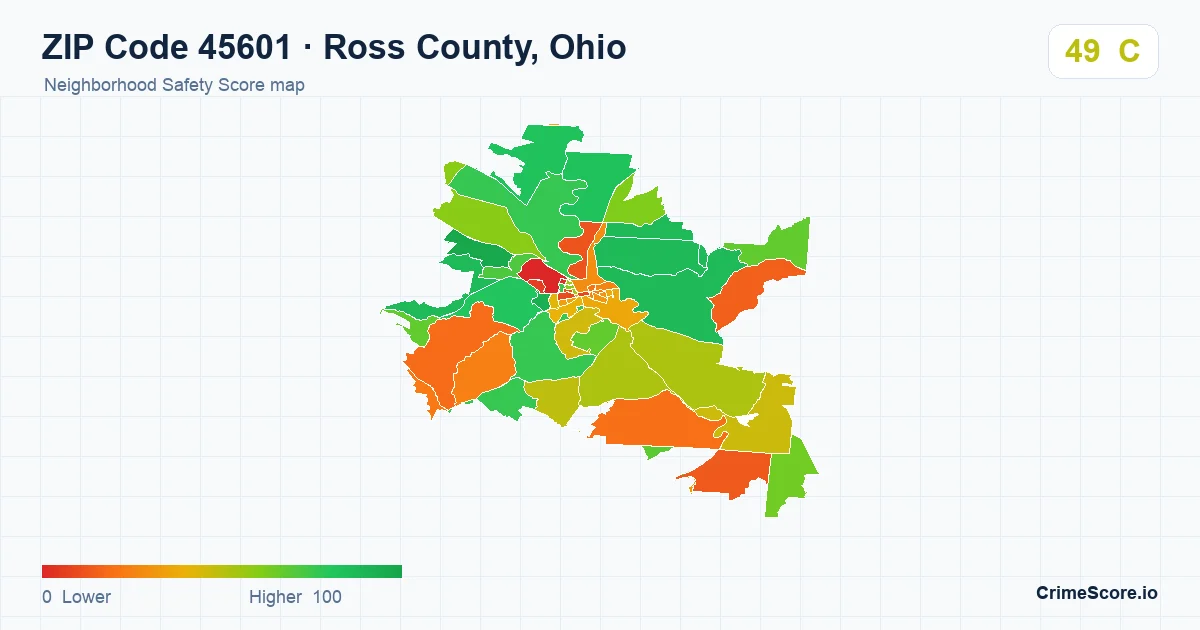 ZIP Code 45601 in Ross County, Ohio neighborhood Safety Score map