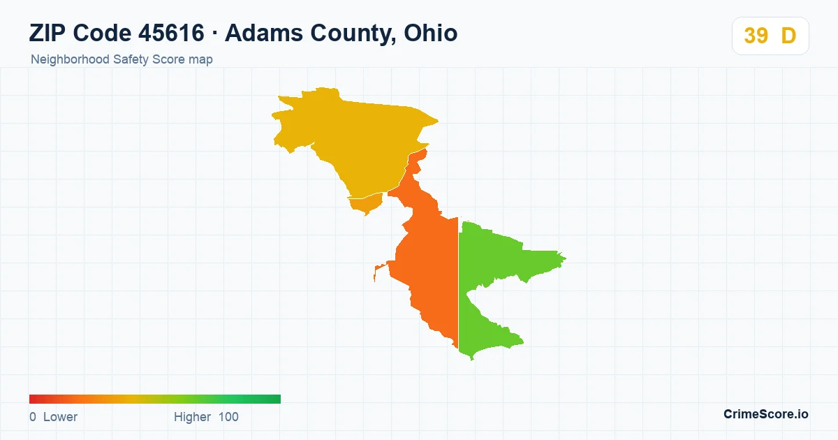 ZIP Code 45616 in Adams County, Ohio neighborhood Safety Score map
