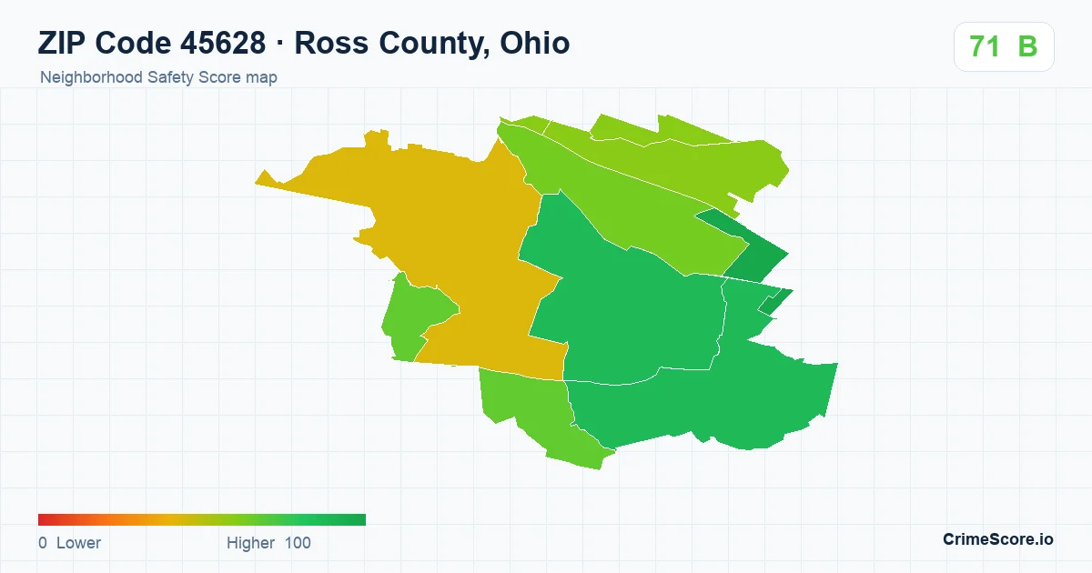 ZIP Code 45628 in Ross County, Ohio neighborhood Safety Score map
