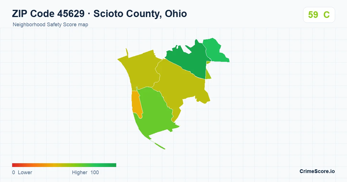 ZIP Code 45629 in Scioto County, Ohio neighborhood Safety Score map
