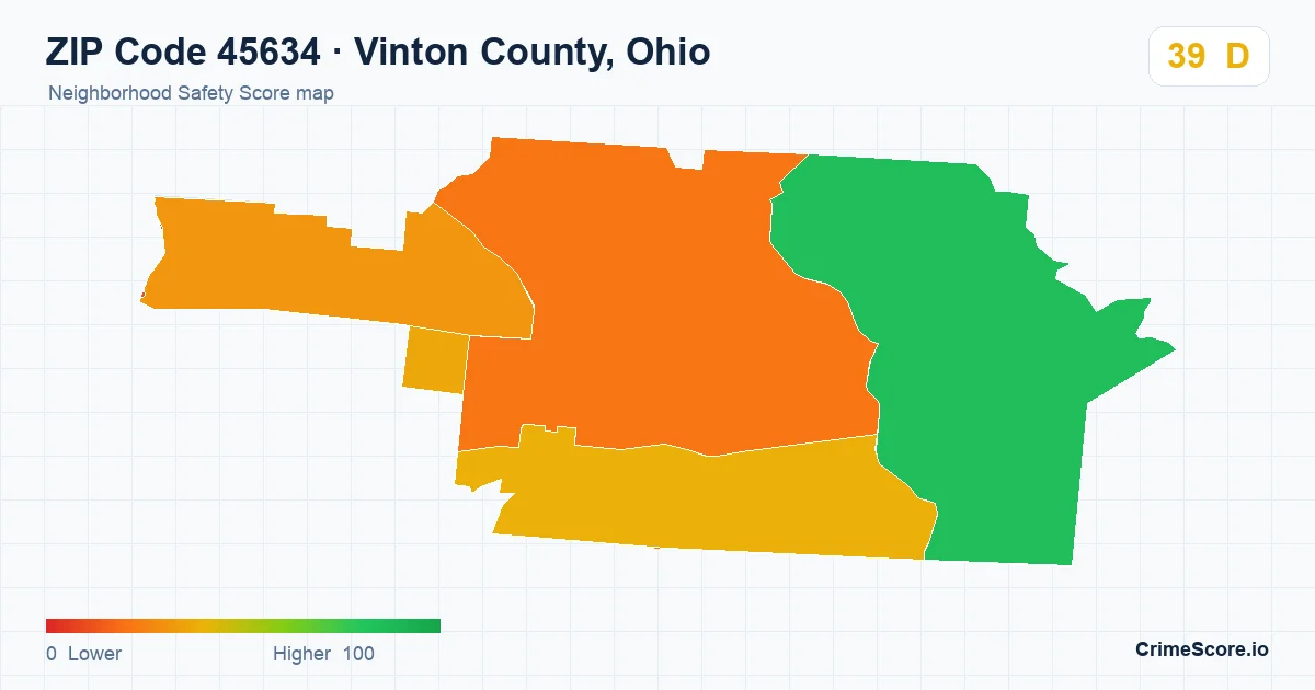 ZIP Code 45634 in Vinton County, Ohio neighborhood Safety Score map