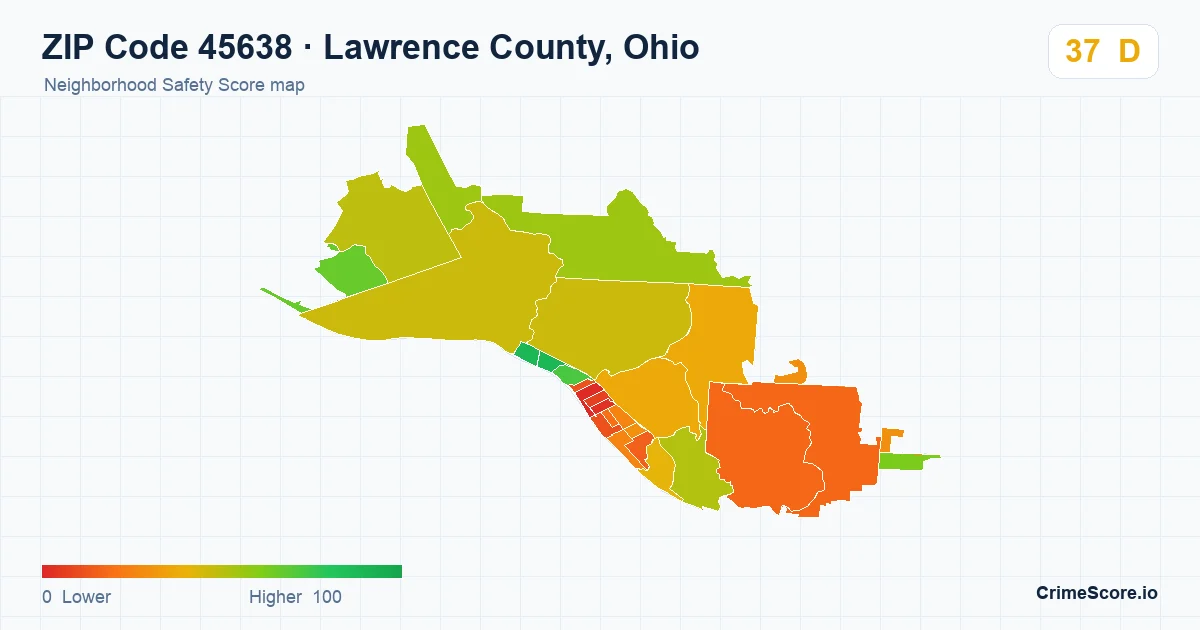 ZIP Code 45638 in Lawrence County, Ohio neighborhood Safety Score map