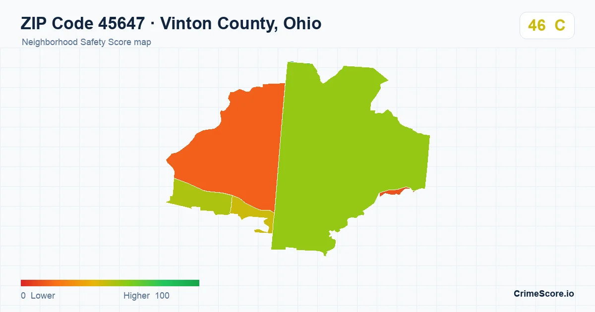 ZIP Code 45647 in Vinton County, Ohio neighborhood Safety Score map