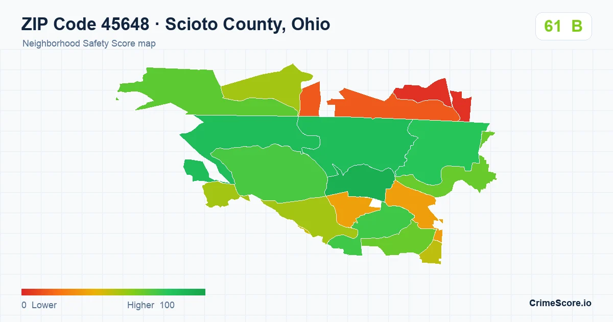 ZIP Code 45648 in Scioto County, Ohio neighborhood Safety Score map