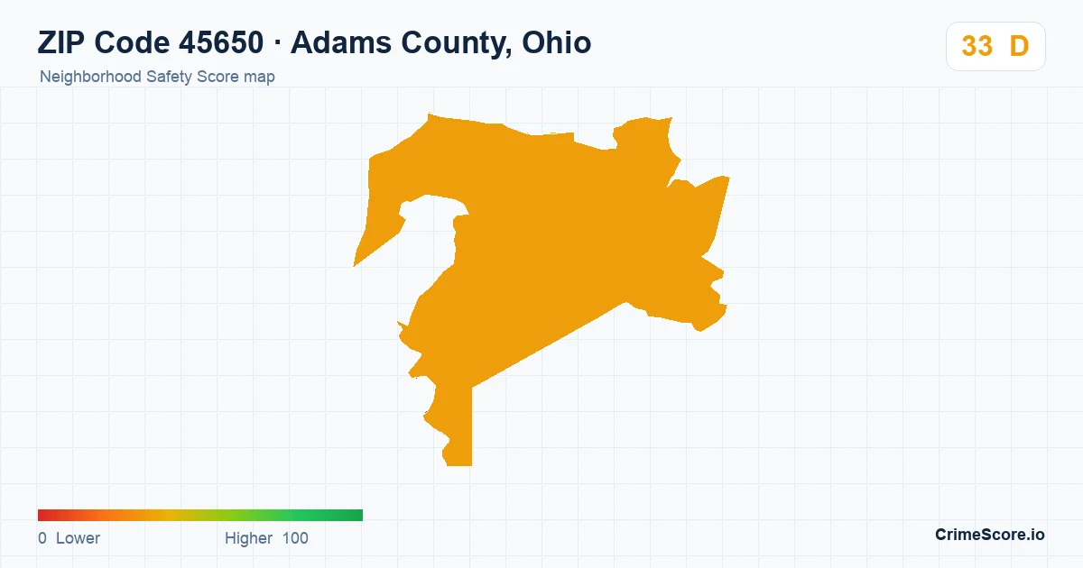 ZIP Code 45650 in Adams County, Ohio neighborhood Safety Score map