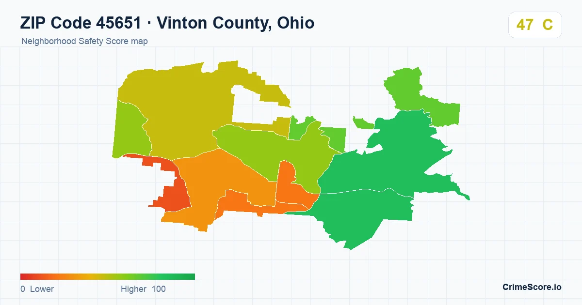 ZIP Code 45651 in Vinton County, Ohio neighborhood Safety Score map