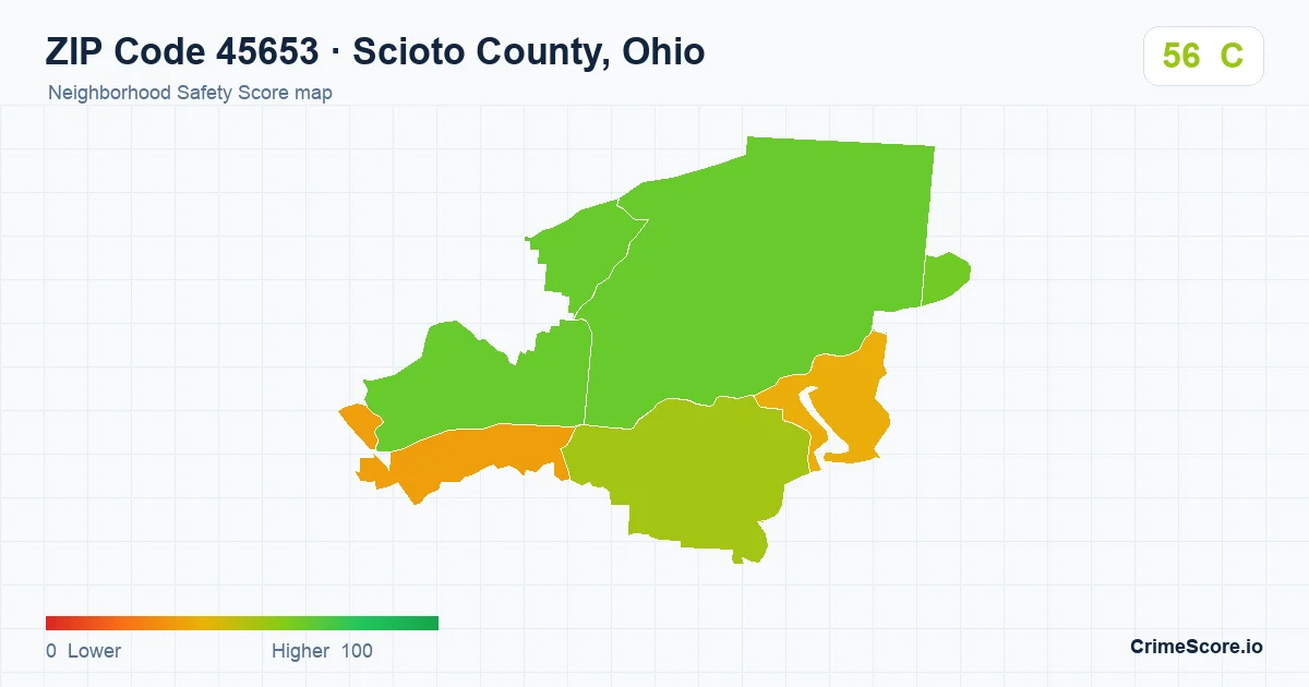 ZIP Code 45653 in Scioto County, Ohio neighborhood Safety Score map