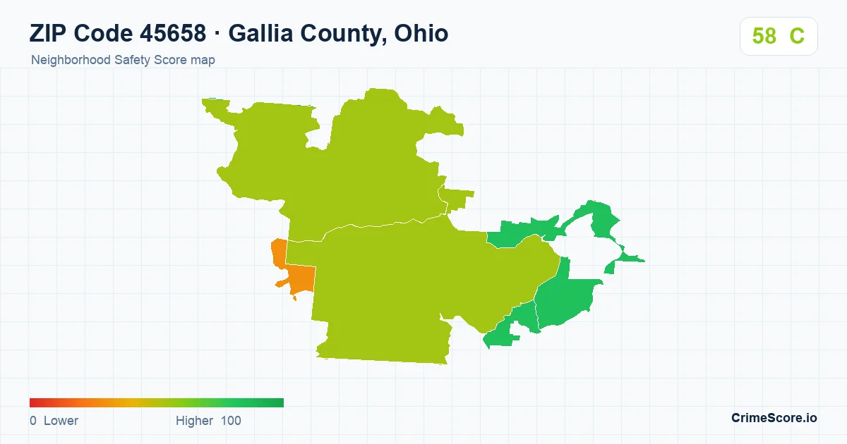 ZIP Code 45658 in Gallia County, Ohio neighborhood Safety Score map