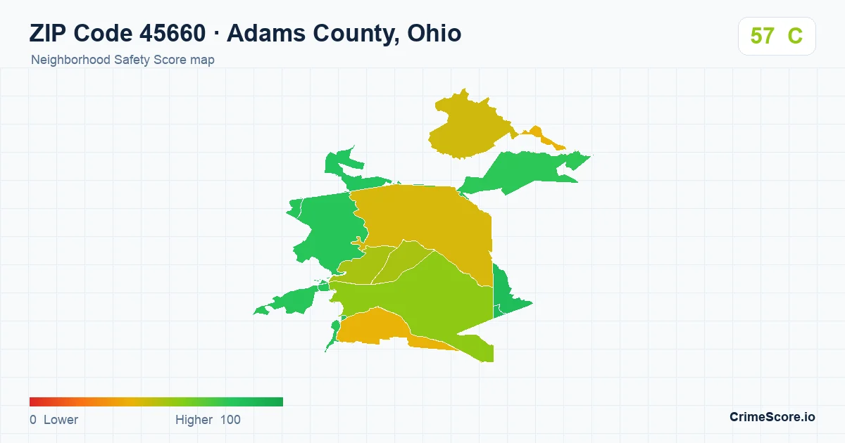 ZIP Code 45660 in Adams County, Ohio neighborhood Safety Score map