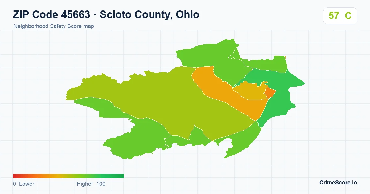 ZIP Code 45663 in Scioto County, Ohio neighborhood Safety Score map