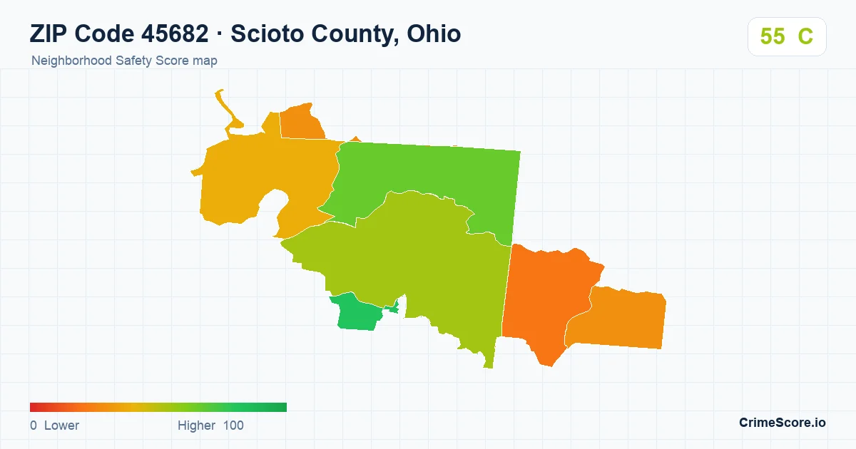 ZIP Code 45682 in Scioto County, Ohio neighborhood Safety Score map